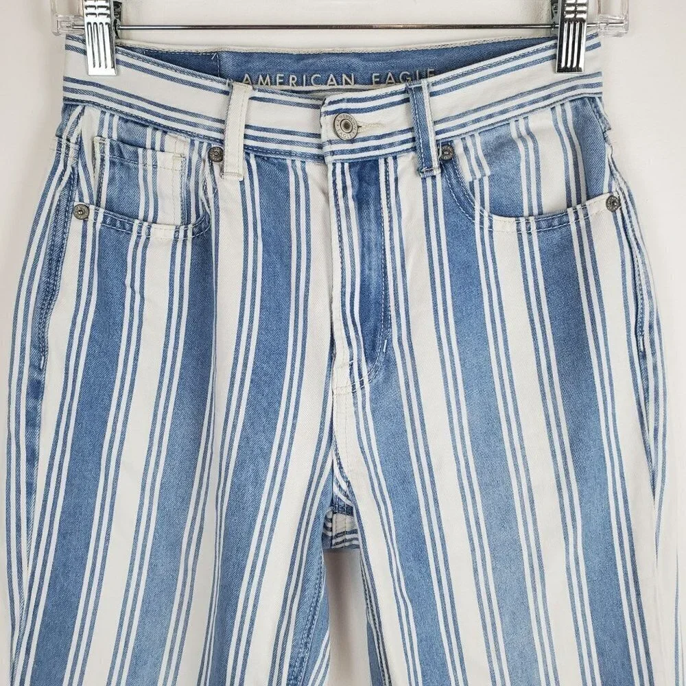 American Eagle 00 Mom Jeans High‎ Rise Blue White Striped Denim Preppy Coastal